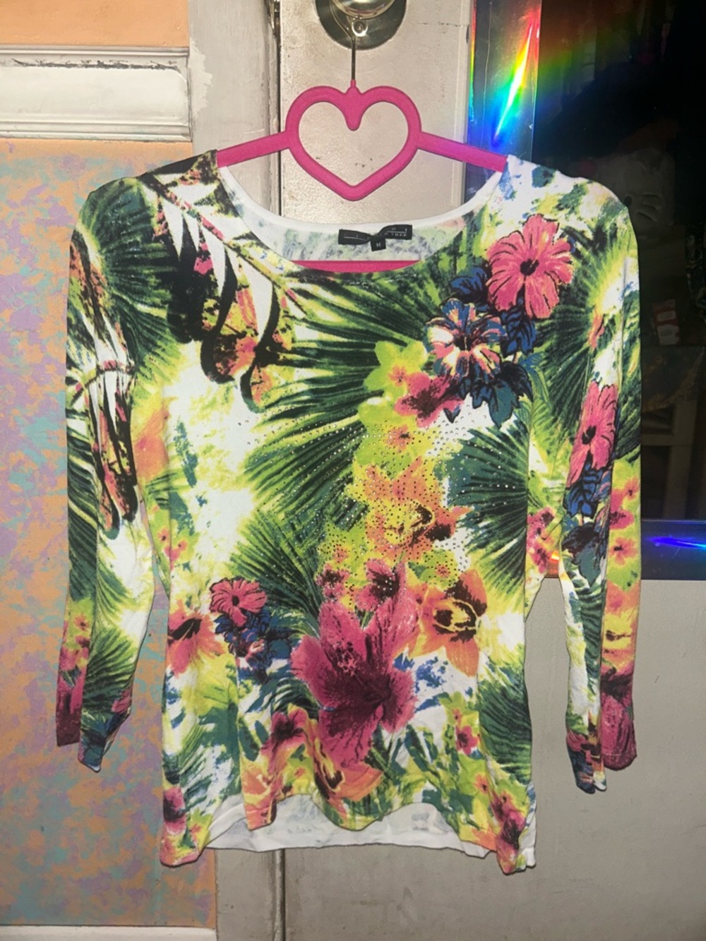 Tropical Floral Long-Sleeve Women's Top - White/Pink/Green